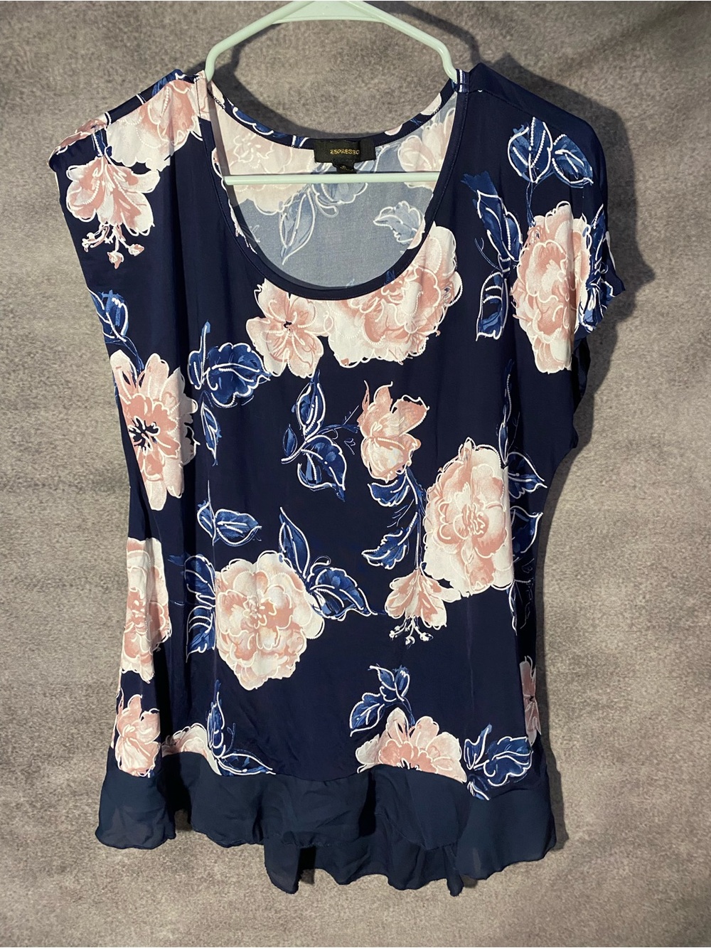 Espresso XL Navy Floral Short Sleeve Top Chiffon Ruffle Hem